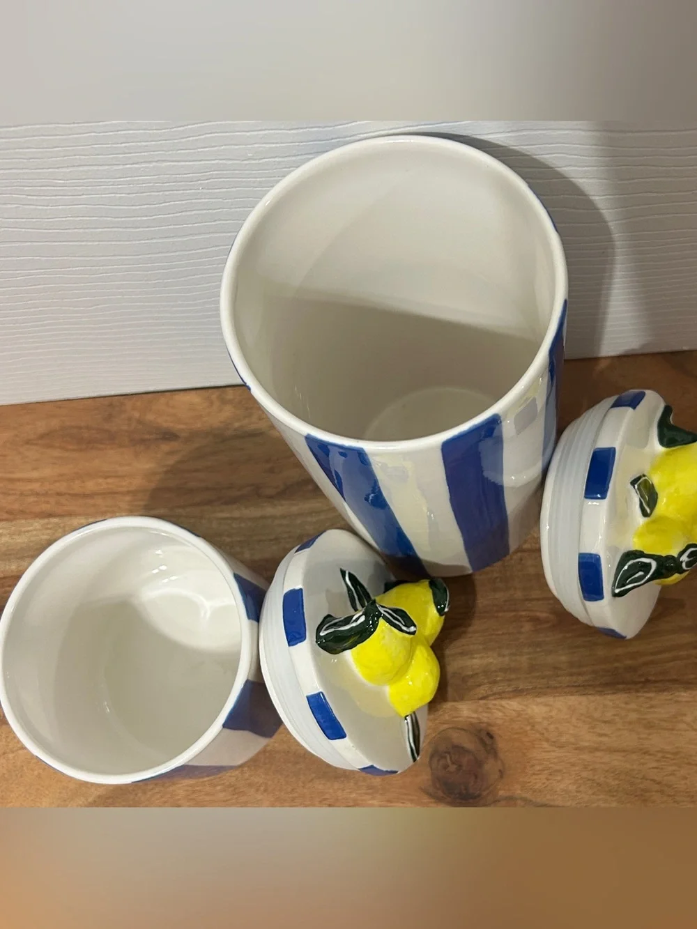Hobby Lobby 2 Lemon Ceramic Canisters With Lid Blue Stripe Candy Cookie Jar NEW